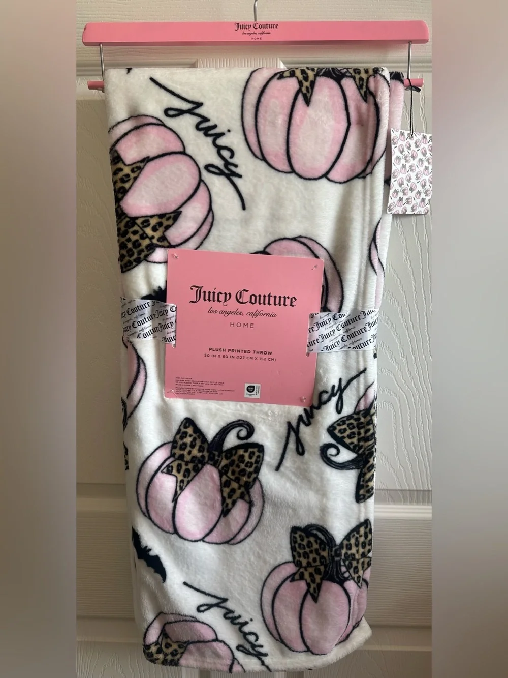 Juicy Couture Pink & White Plush Pumpkin Throw with Leopard Bow Accents